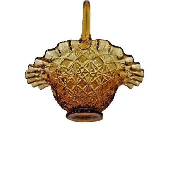 Vintage Amber Glass Small Basket Diamond Cut Ruffled Edge - Picture 1 of 9